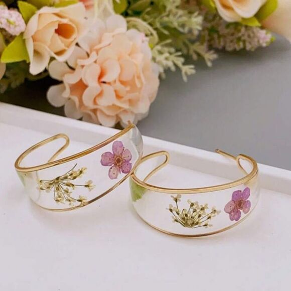 Floral Gold Hoop Earrings N916 - Picture 2 of 5